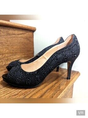 K&M (Kate & Mel) sparkly open toe black heels. size 9.5